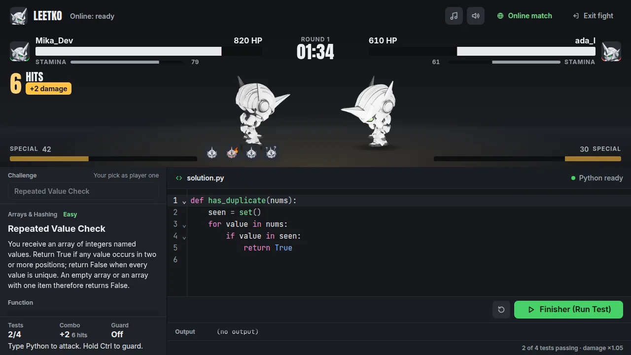A LeetKO match: two mechs fight above a Python editor where a player is writing a has_duplicate function, with a 6-hit combo on screen.