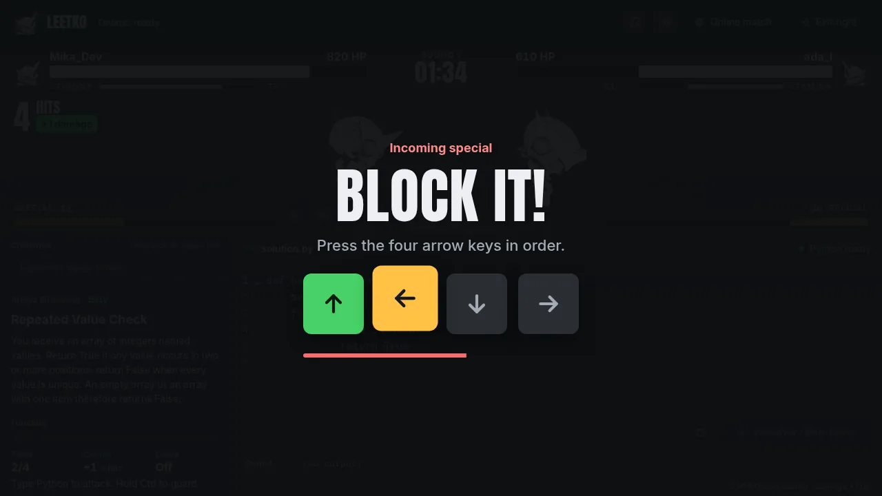 An incoming special: the defender must press up, left, down, right in order to block it.